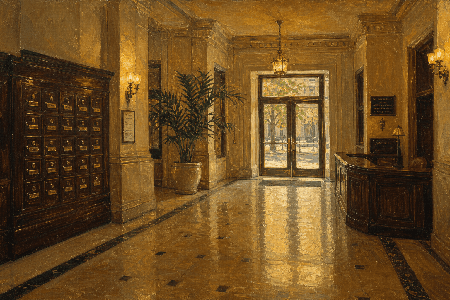 Oil painting of a pre-war co-op lobby with mailboxes and concierge desk