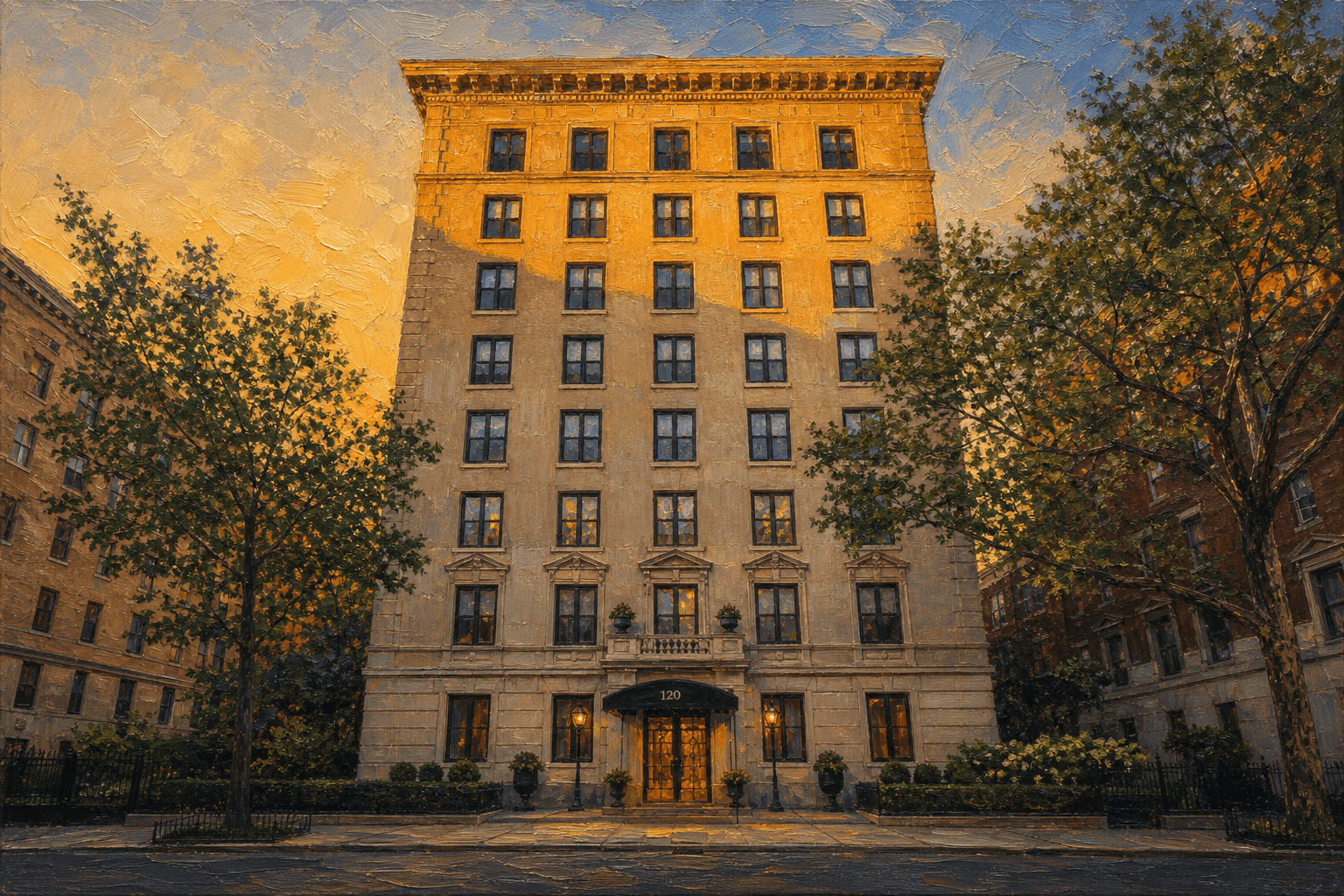 Oil painting of a well-maintained residential co-op building at golden hour